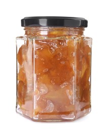 Glass jar of delicious apple jam isolated on white