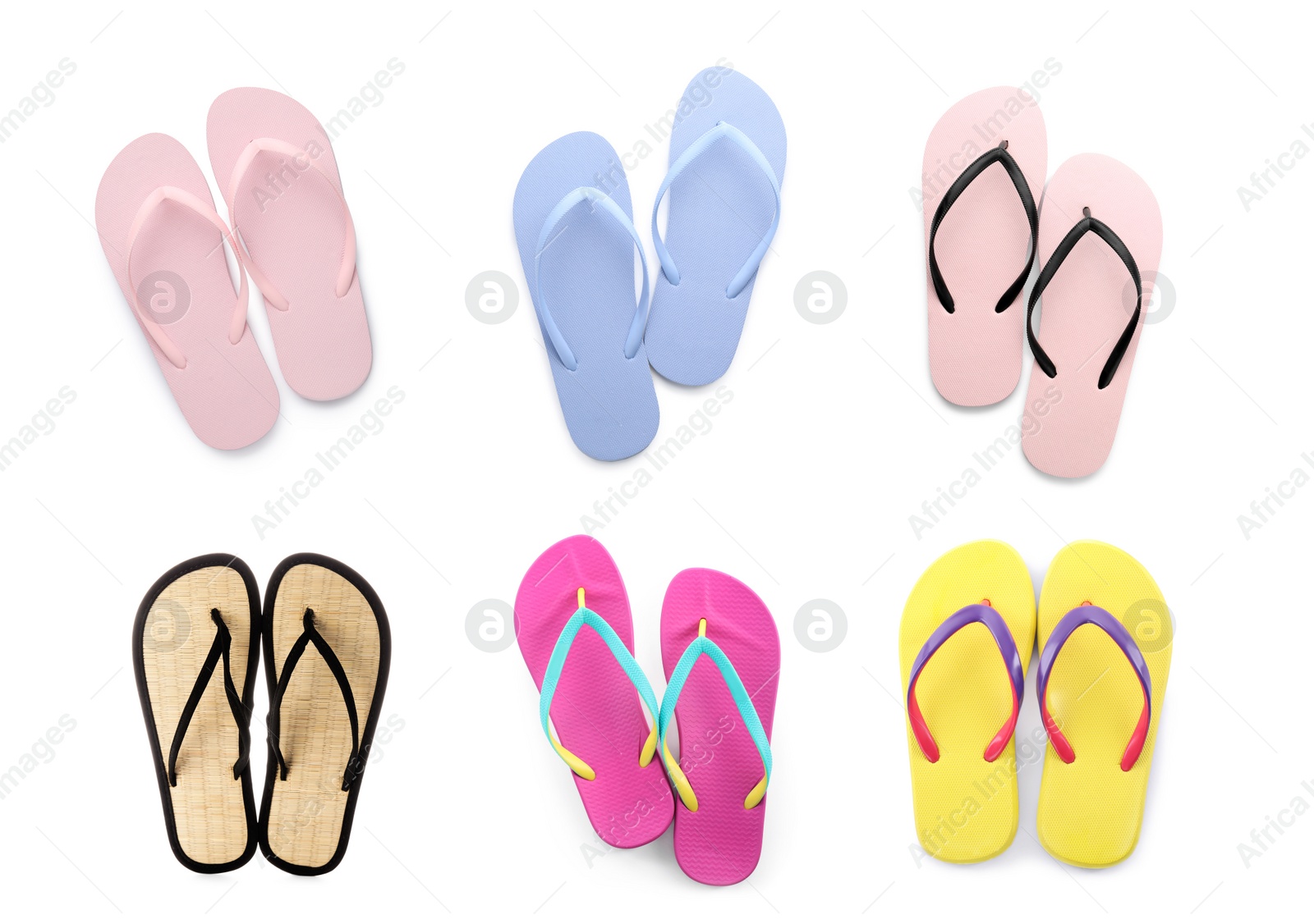 Image of Set with pairs of stylish flip flops on white background, top view 