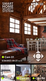 Image of Smart home security system. Different rooms, view from cameras in house