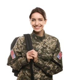 Photo of Female cadet with backpack isolated on white. Military education