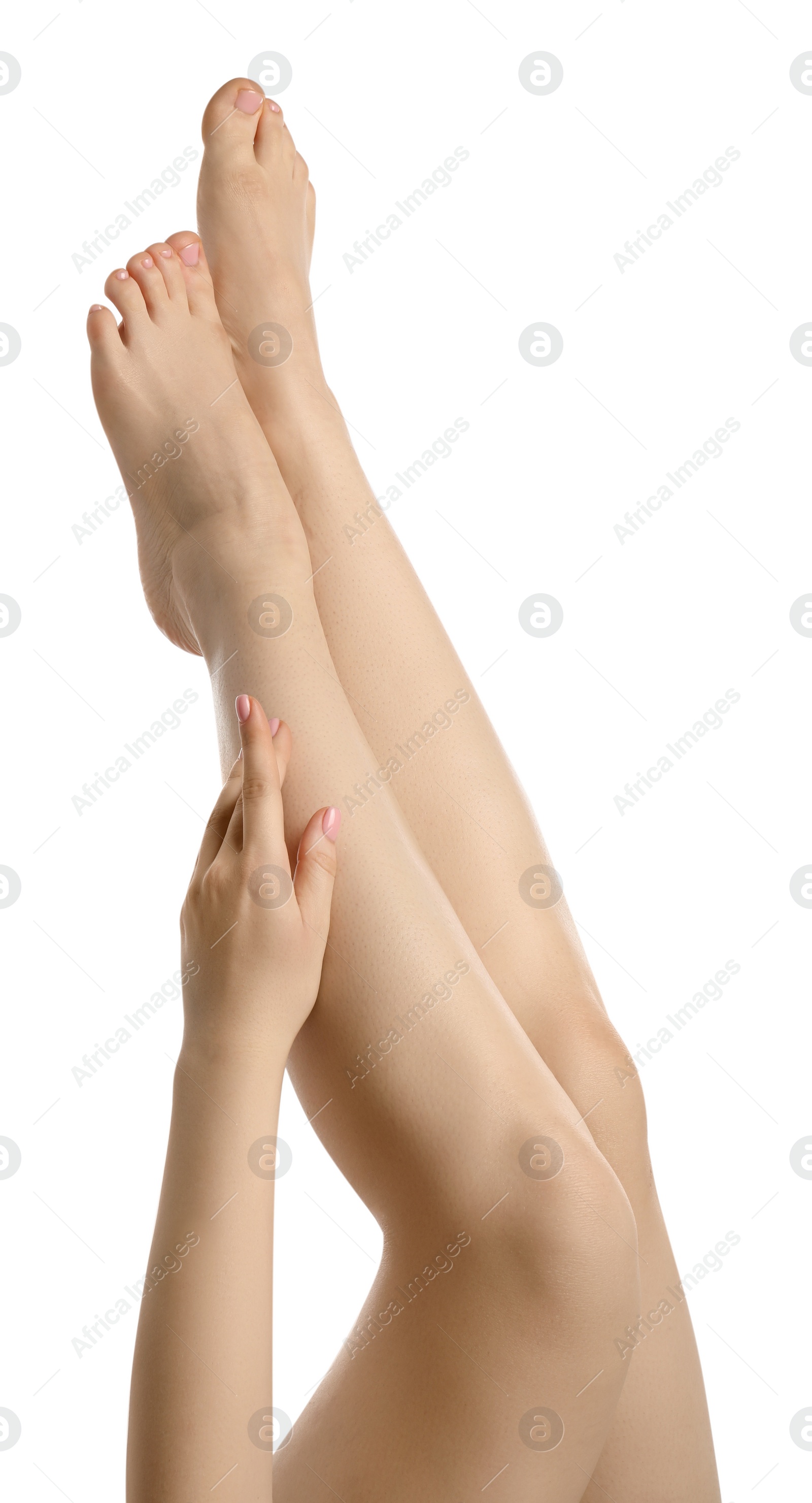 Photo of Woman with beautiful legs isolated on white, closeup