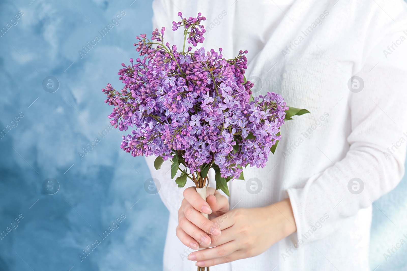 Photo of Young woman holding beautiful blossoming lilac on color background. Spring flowers