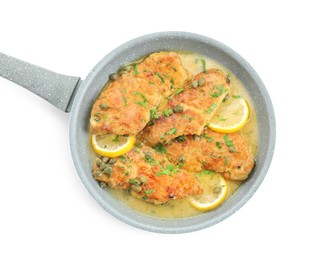 Photo of Delicious chicken piccata with herbs isolated on white, top view