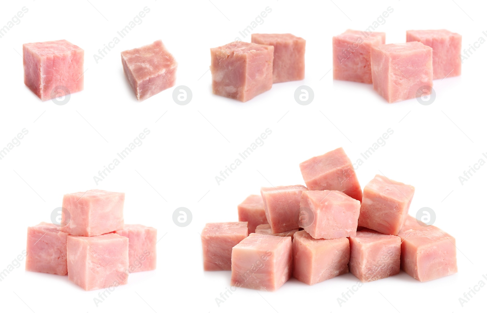 Image of Set of tasty hams cubes on white background