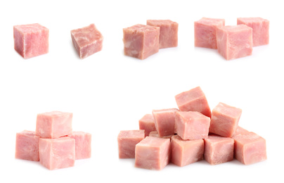 Image of Set of tasty hams cubes on white background