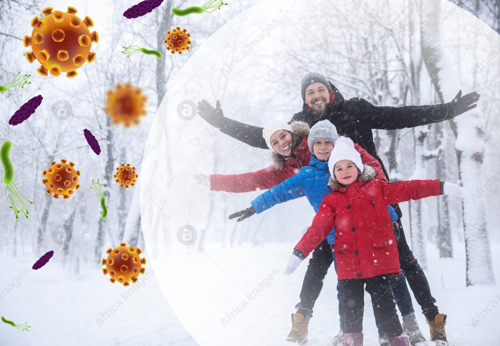 Image of Family spending time outdoors on winter day. Bubble around them symbolizing strong immunity blocking viruses, illustration