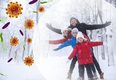 Image of Family spending time outdoors on winter day. Bubble around them symbolizing strong immunity blocking viruses, illustration