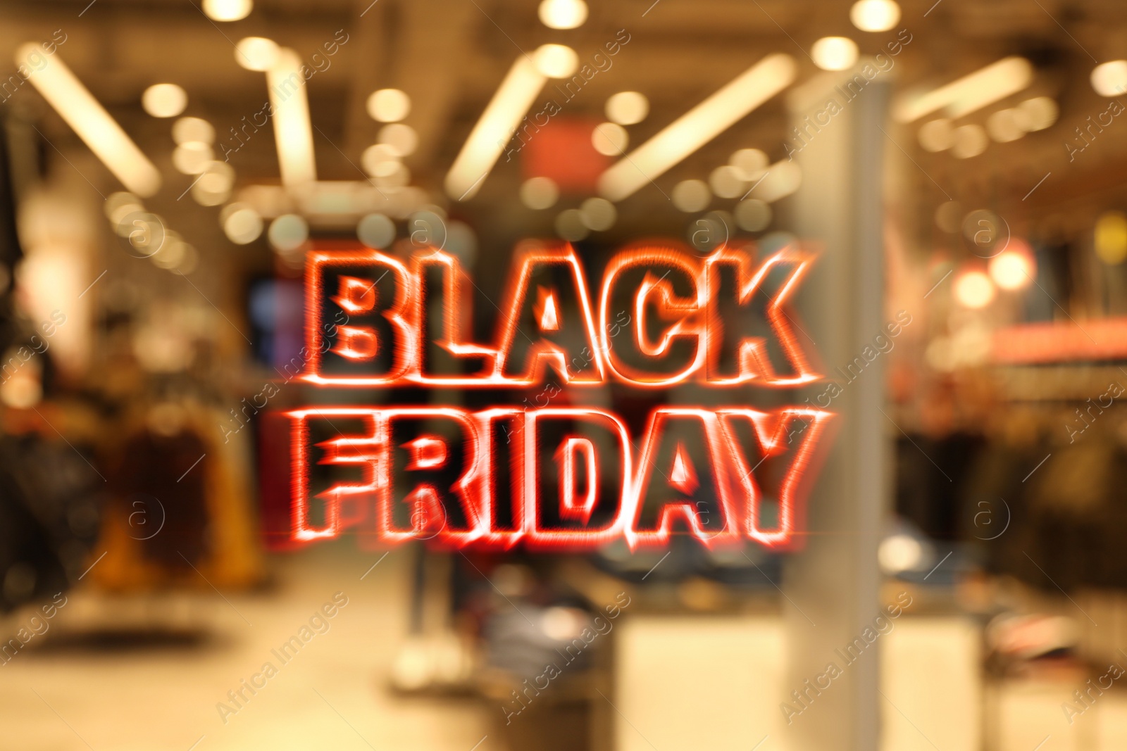 Image of Blurred view of modern shopping mall interior. Black Friday Sale