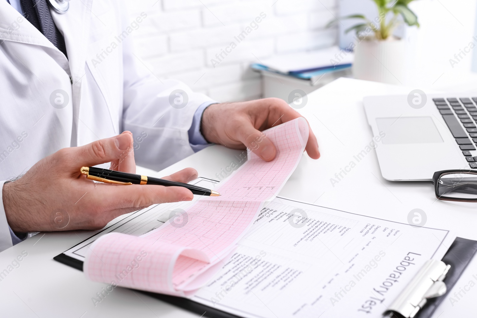 Photo of Doctor examining cardiogram at table in clinic, closeup