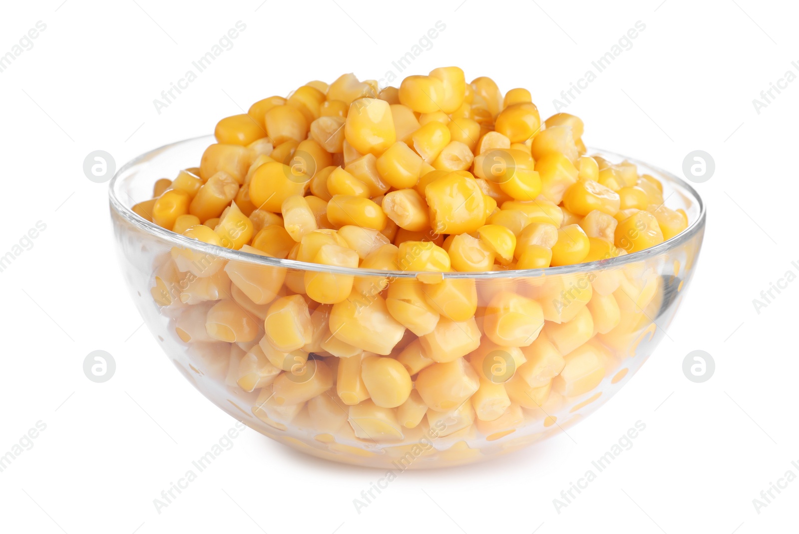 Photo of Delicious canned corn in bowl isolated on white