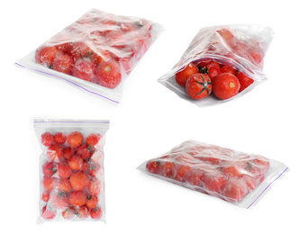 Image of Set of frozen tomatoes in plastic bags on white background. Vegetable preservation