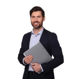 Photo of Smiling man with folder on white background. Lawyer, businessman, accountant or manager