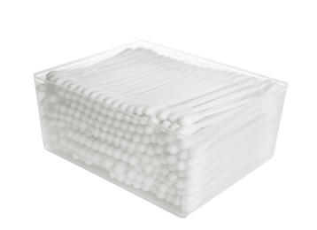 Plastic container with cotton swabs on white background