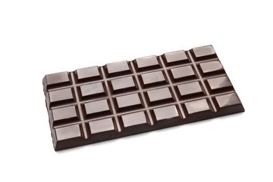 Tasty dark chocolate bar on white background