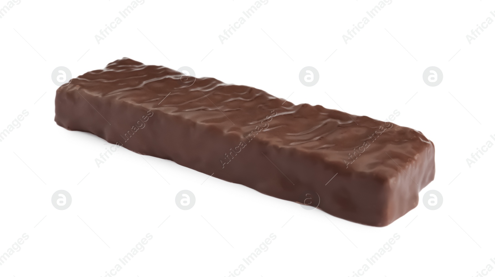 Photo of Tasty chocolate glazed protein bar isolated on white. Healthy snack