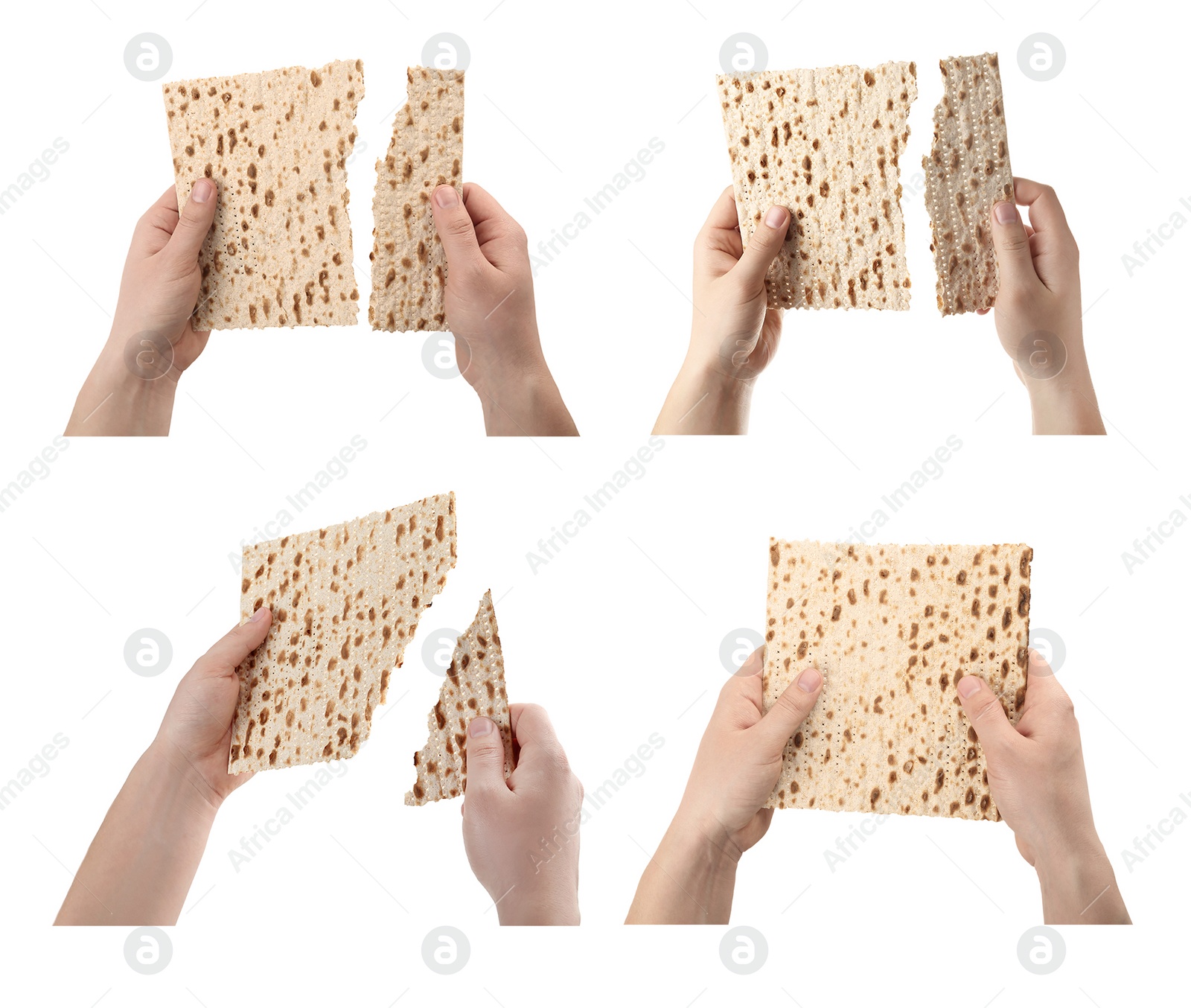 Image of Collage with photos of women holding matzos on white background, closeup. Pesach (Passover) celebration