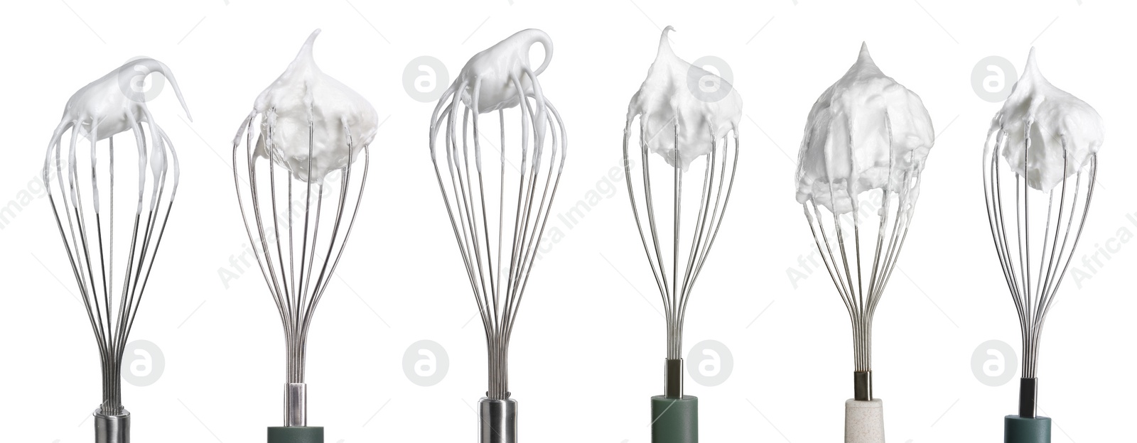 Image of Many different whisks with cream isolated on white, collection