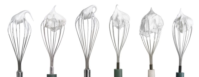 Image of Many different whisks with cream isolated on white, collection