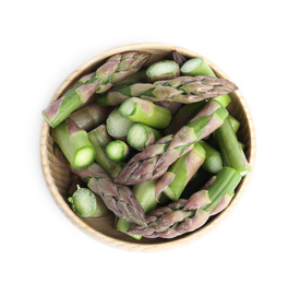 Raw cut asparagus in wooden bowl isolated on white, top view