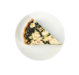 Piece of delicious homemade spinach quiche isolated on white, top view