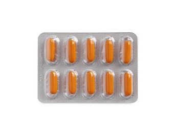 Blister of pills on white background, top view