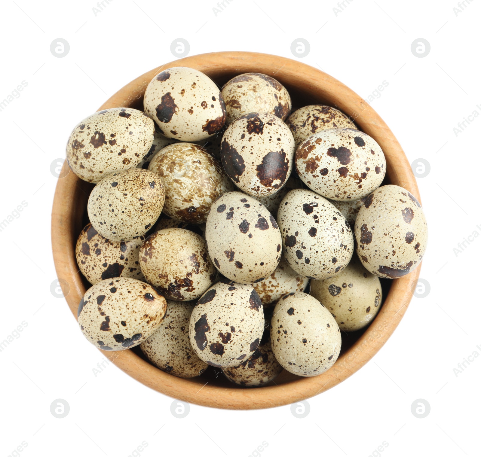 Photo of Wooden bowl with quail eggs isolated on white, top view