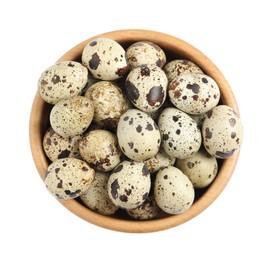 Photo of Wooden bowl with quail eggs isolated on white, top view