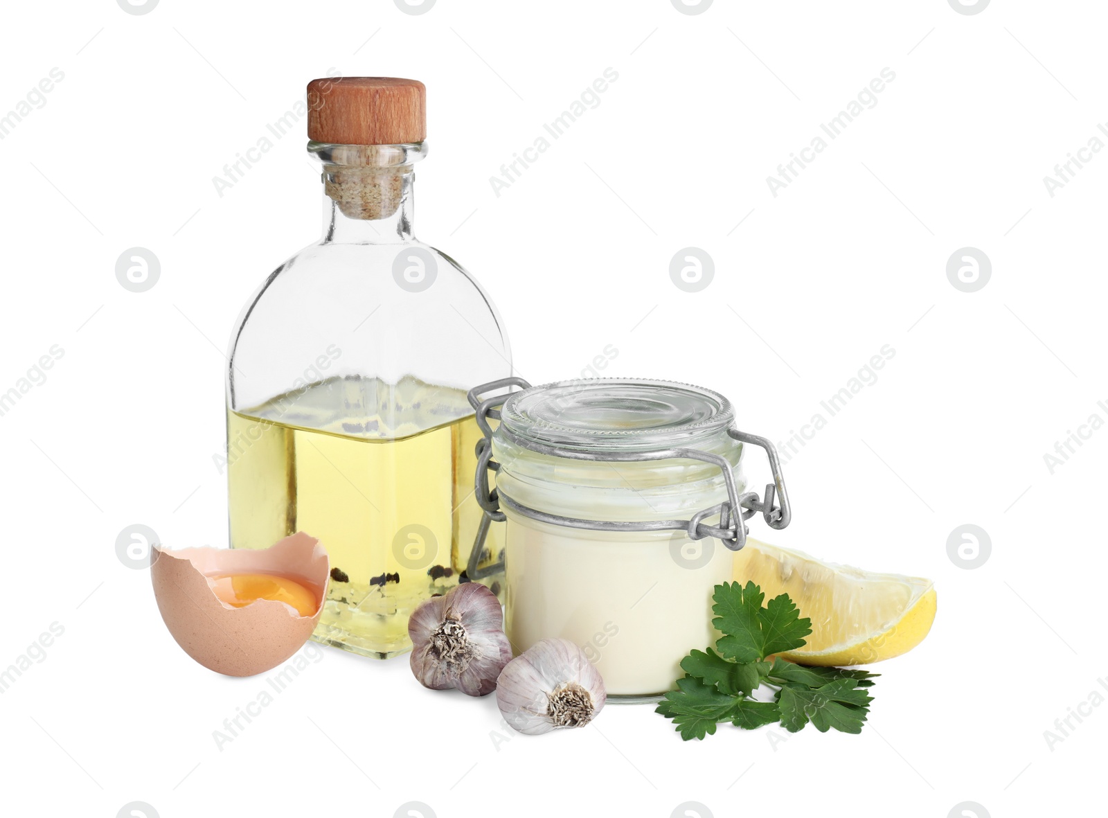 Photo of Fresh mayonnaise sauce in glass jar and ingredients isolated on white