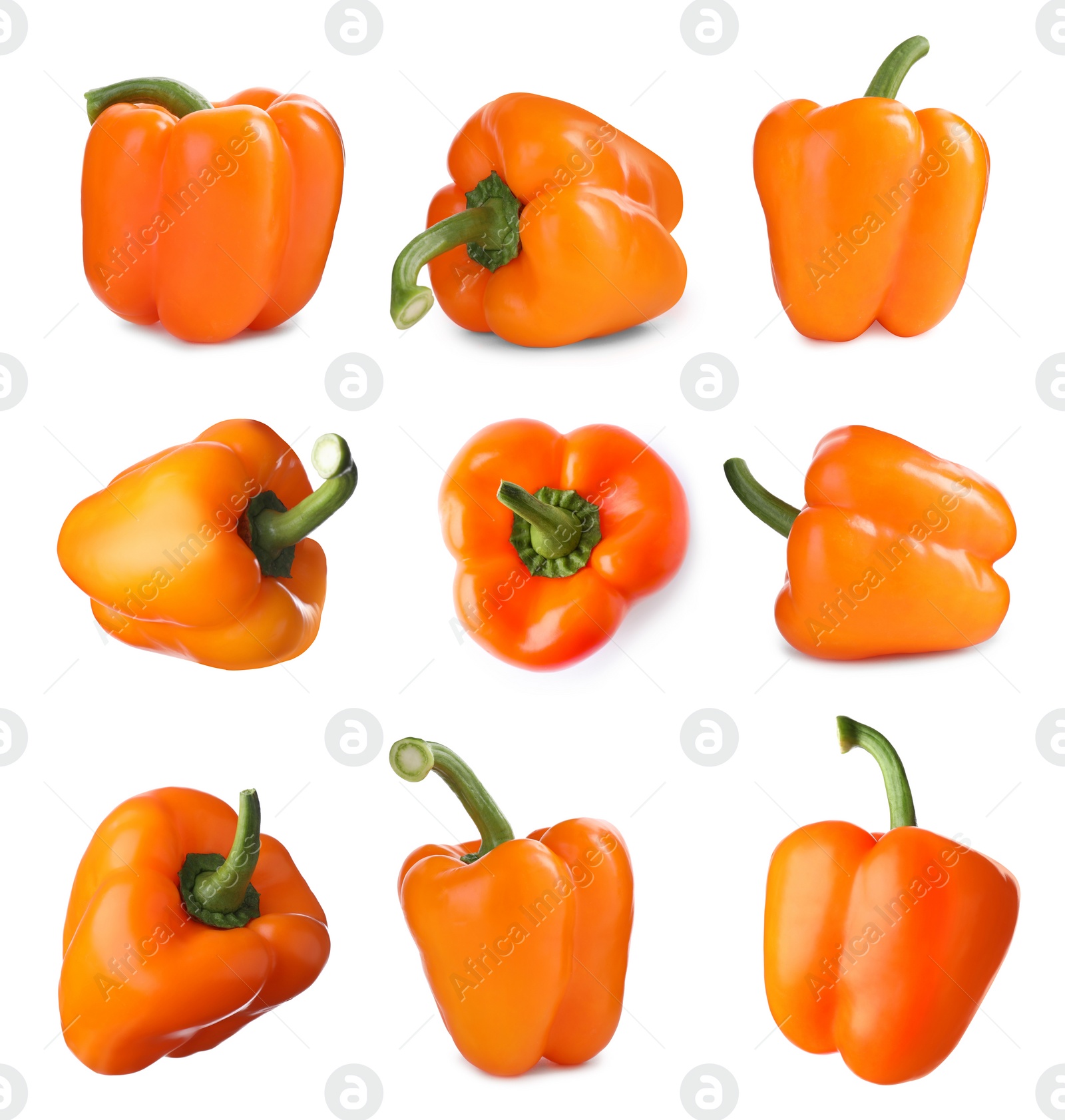 Image of Set of ripe orange bell peppers on white background