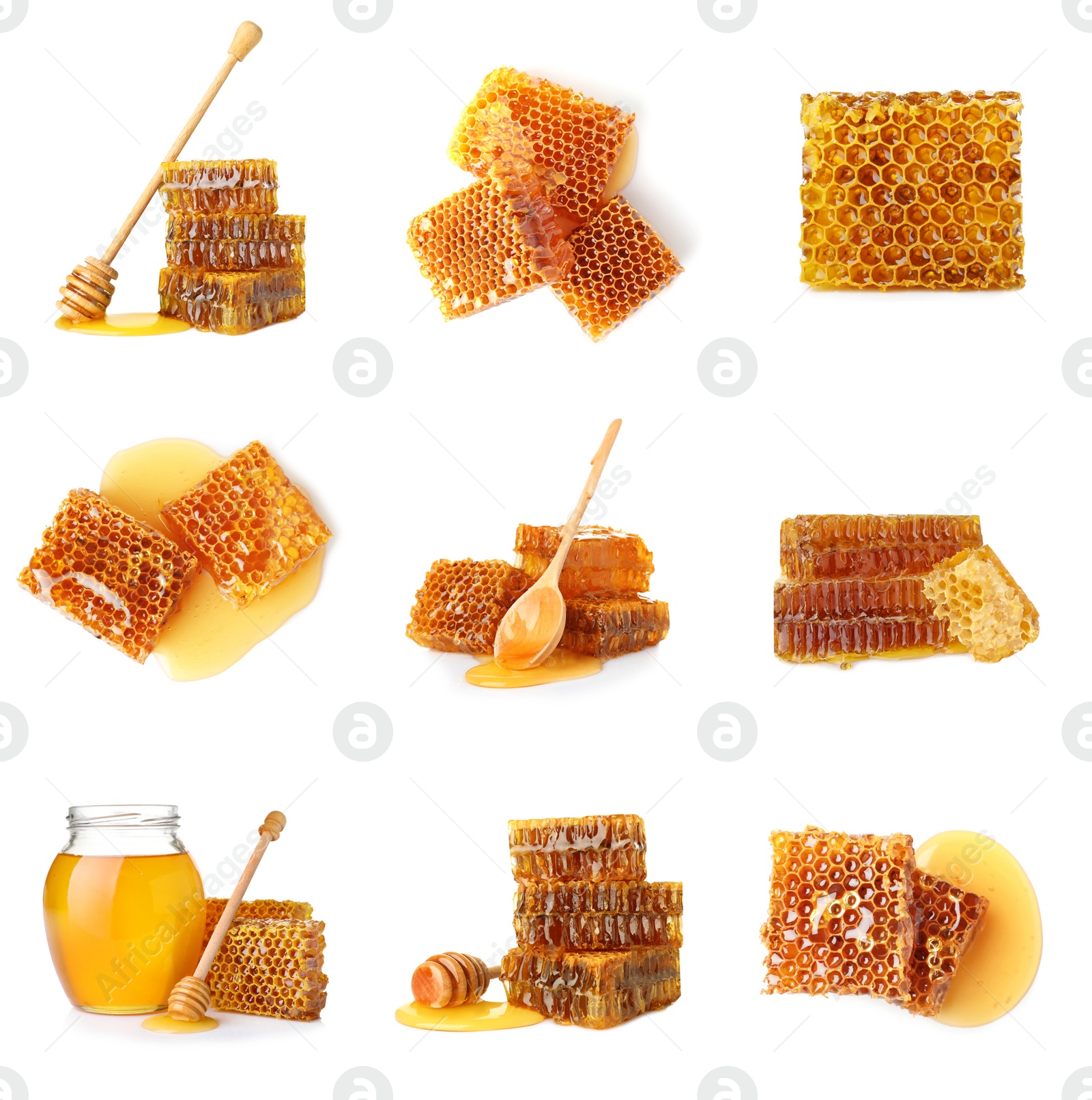 Image of Set with fresh delicious honeycombs on white background