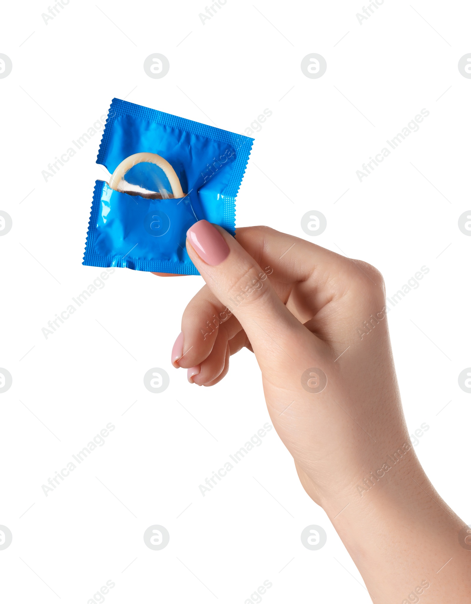 Photo of Woman holding condom on white background, closeup