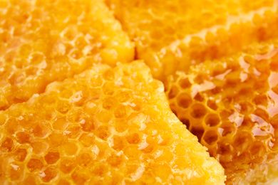 Photo of Delicious sweet honeycombs as background, closeup view