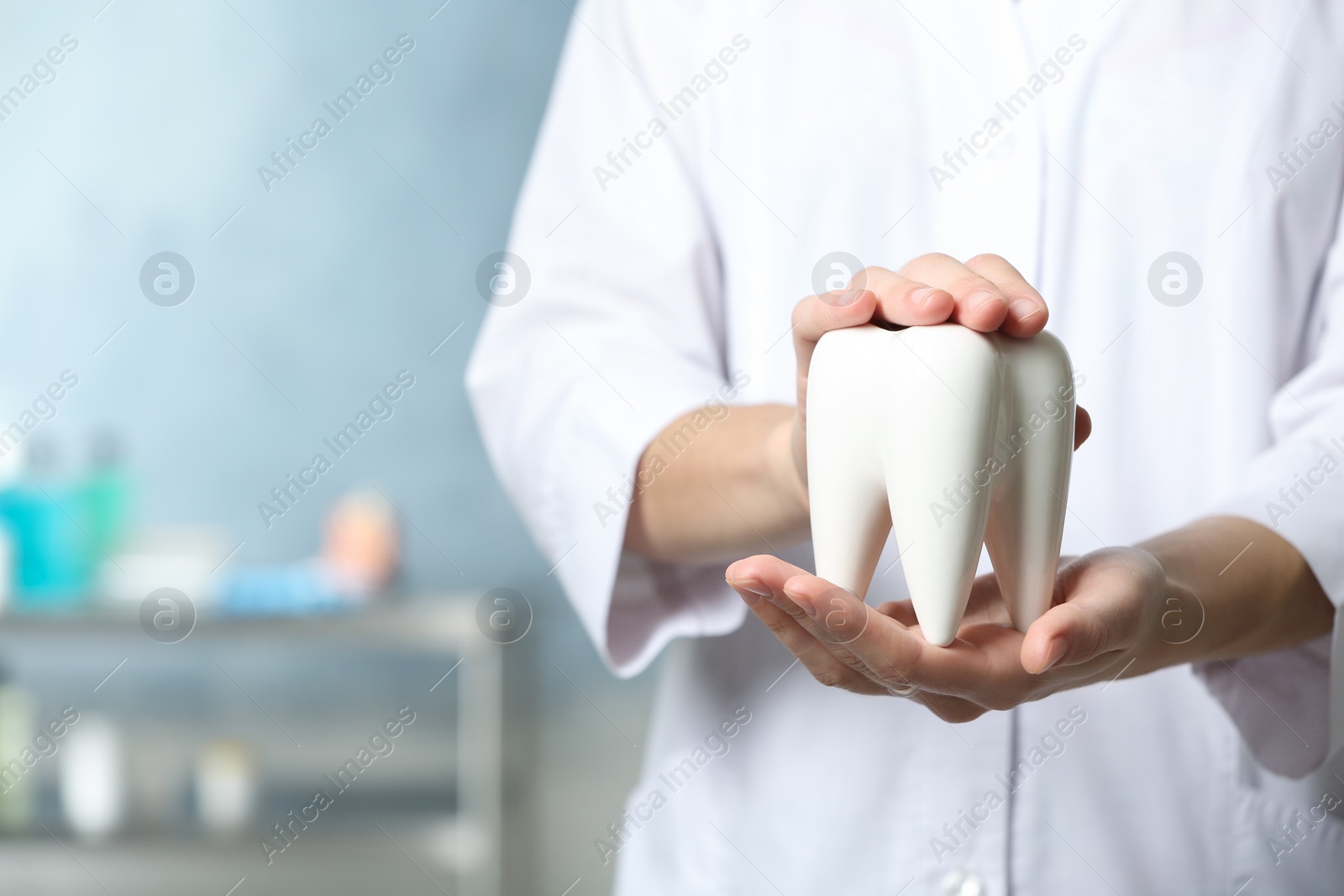 Photo of Dentist holding ceramic model of tooth on blurred background, closeup view. Space for text