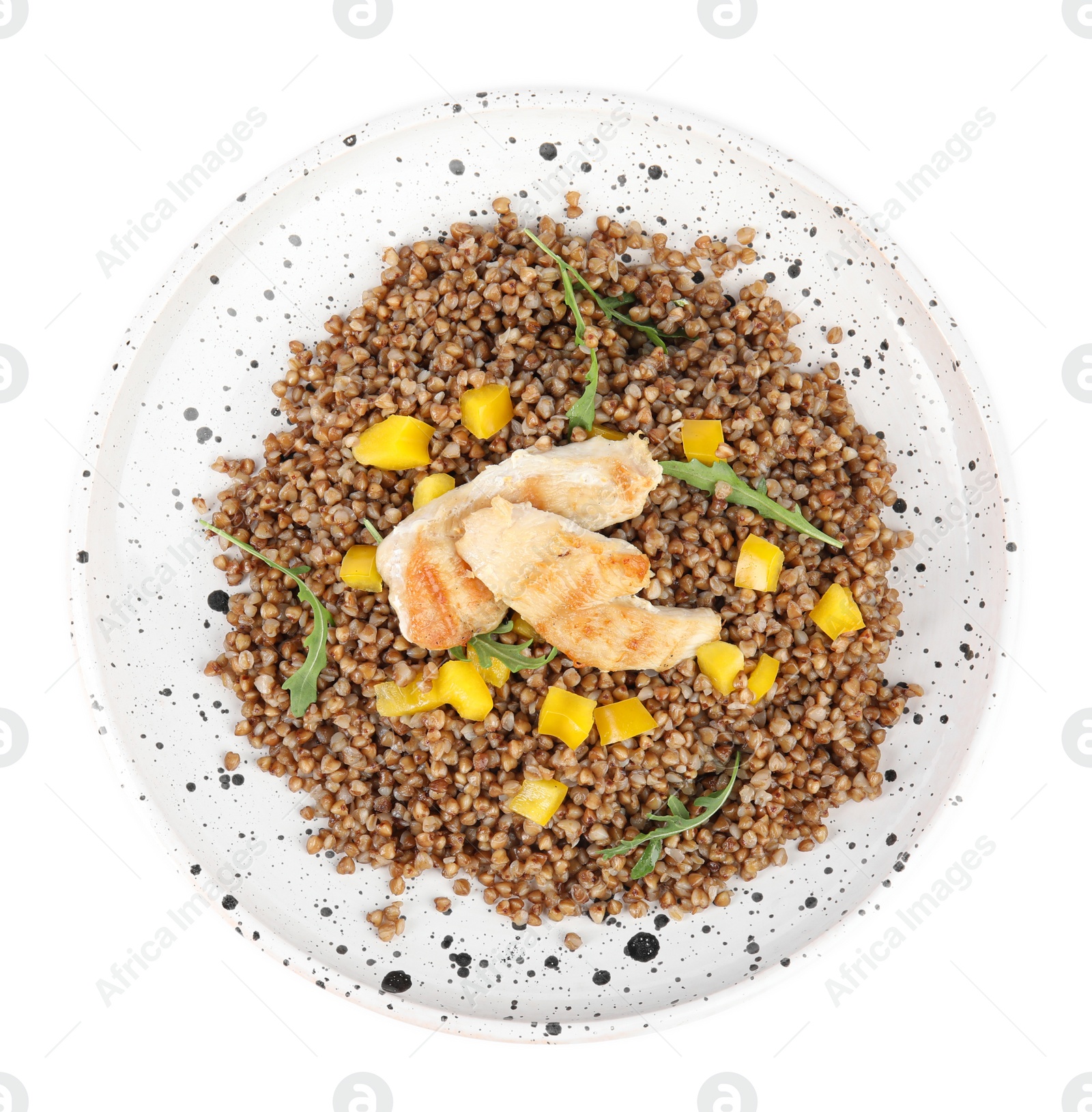 Photo of Delicious buckwheat porridge with meat on white background, top view