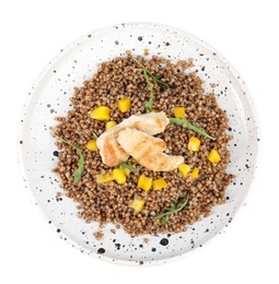 Delicious buckwheat porridge with meat on white background, top view