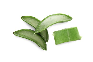 Photo of Fresh aloe vera pieces isolated on white background, top view