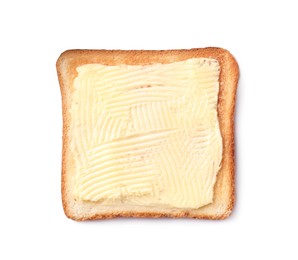Photo of Tasty toast bread with butter isolated on white, top view