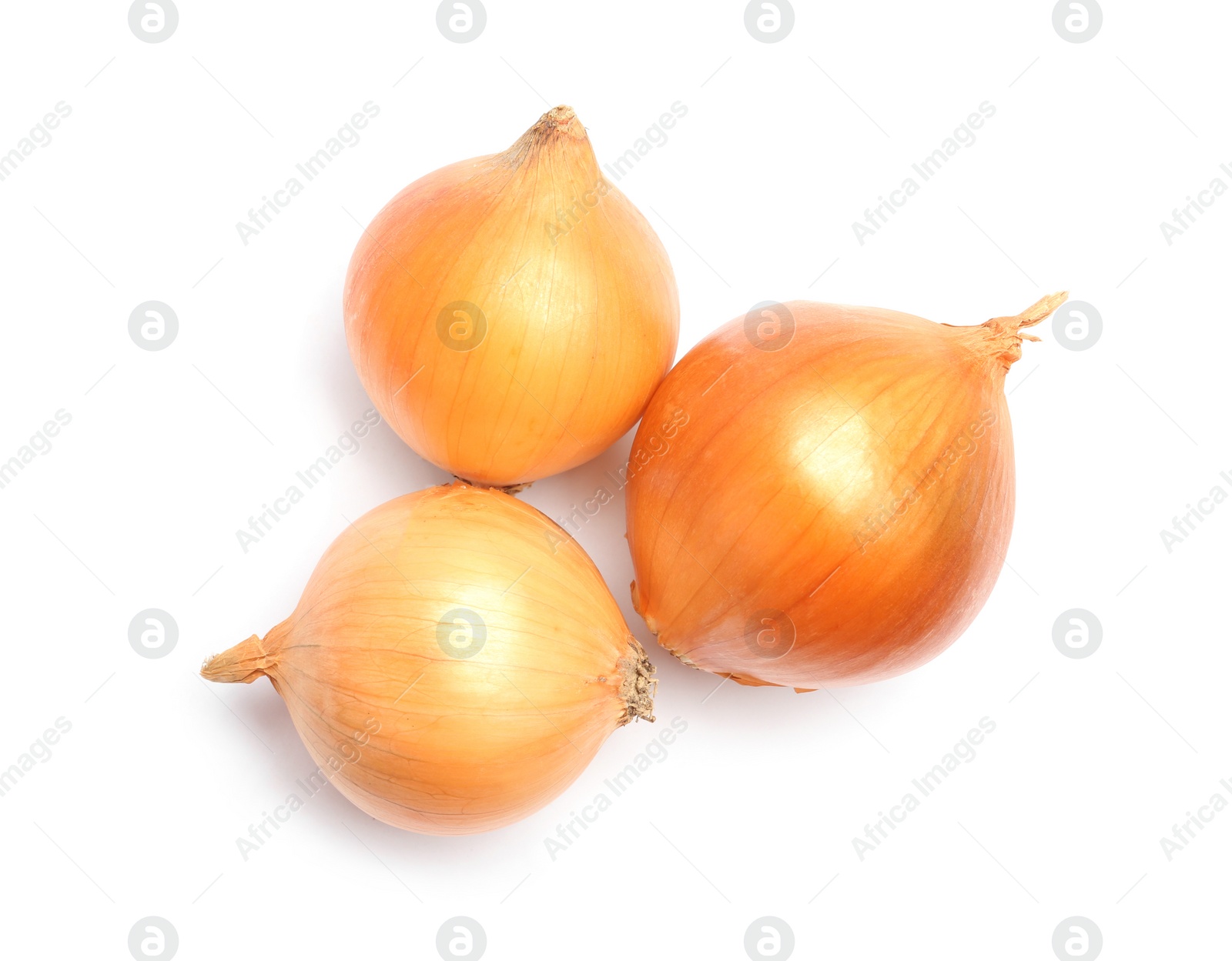 Photo of Fresh ripe onion bulbs on white background