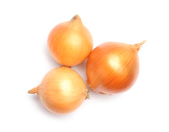 Photo of Fresh ripe onion bulbs on white background