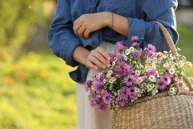 Woman holding wicker basket with beautiful wild flowers outdoors, closeup