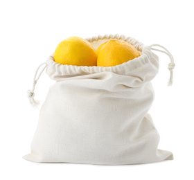 Photo of Cotton eco bag with lemons isolated on white