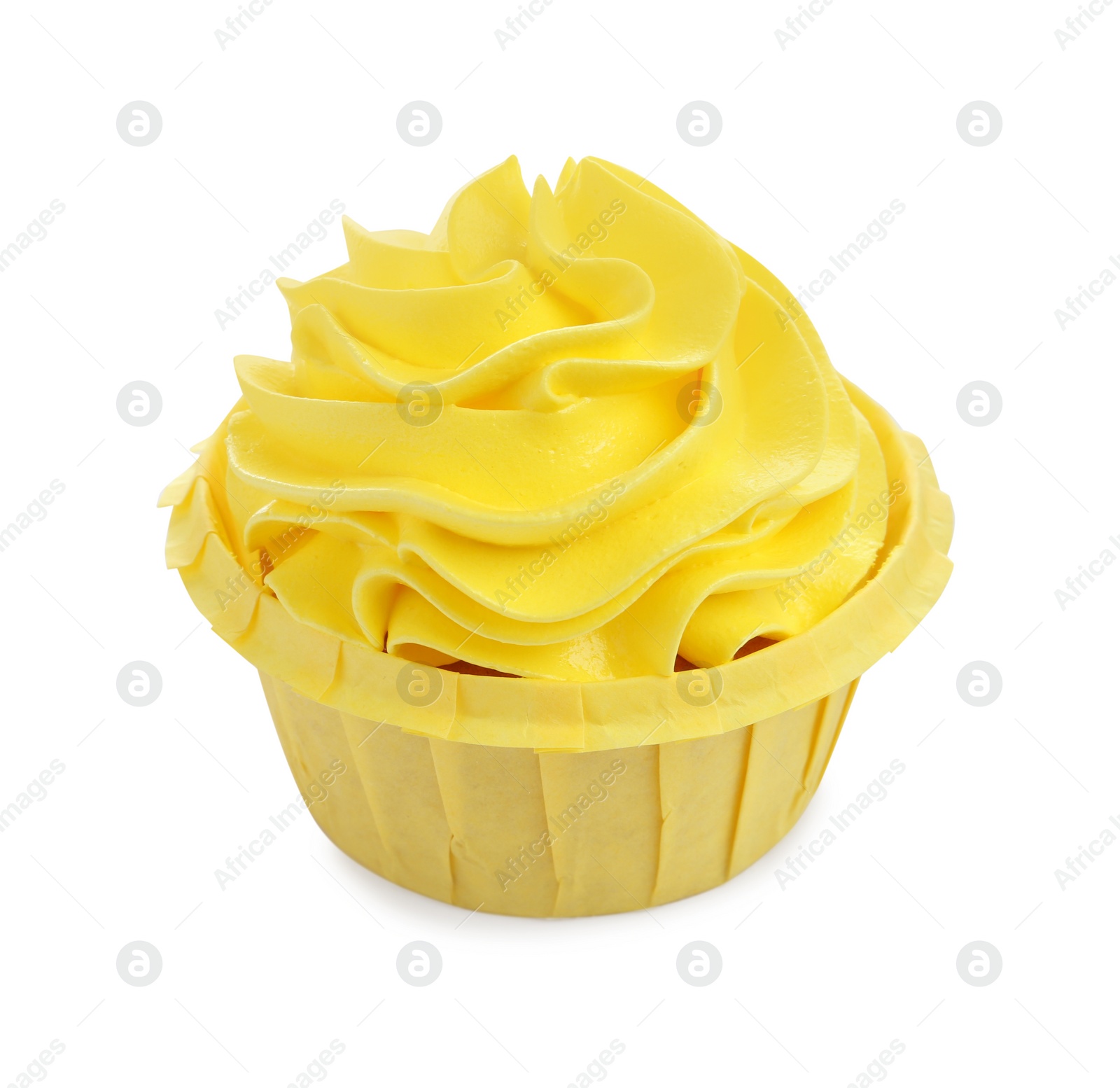 Photo of Tasty cupcake with yellow cream isolated on white