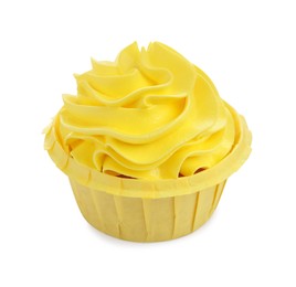 Tasty cupcake with yellow cream isolated on white