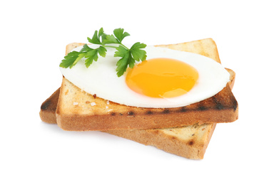 Photo of Tasty fried chicken egg with toasts and parsley isolated on white