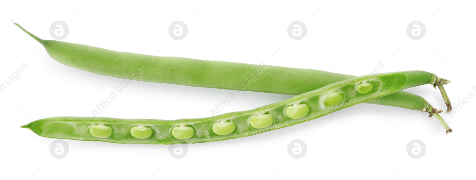 Photo of Fresh green beans on white background, top view