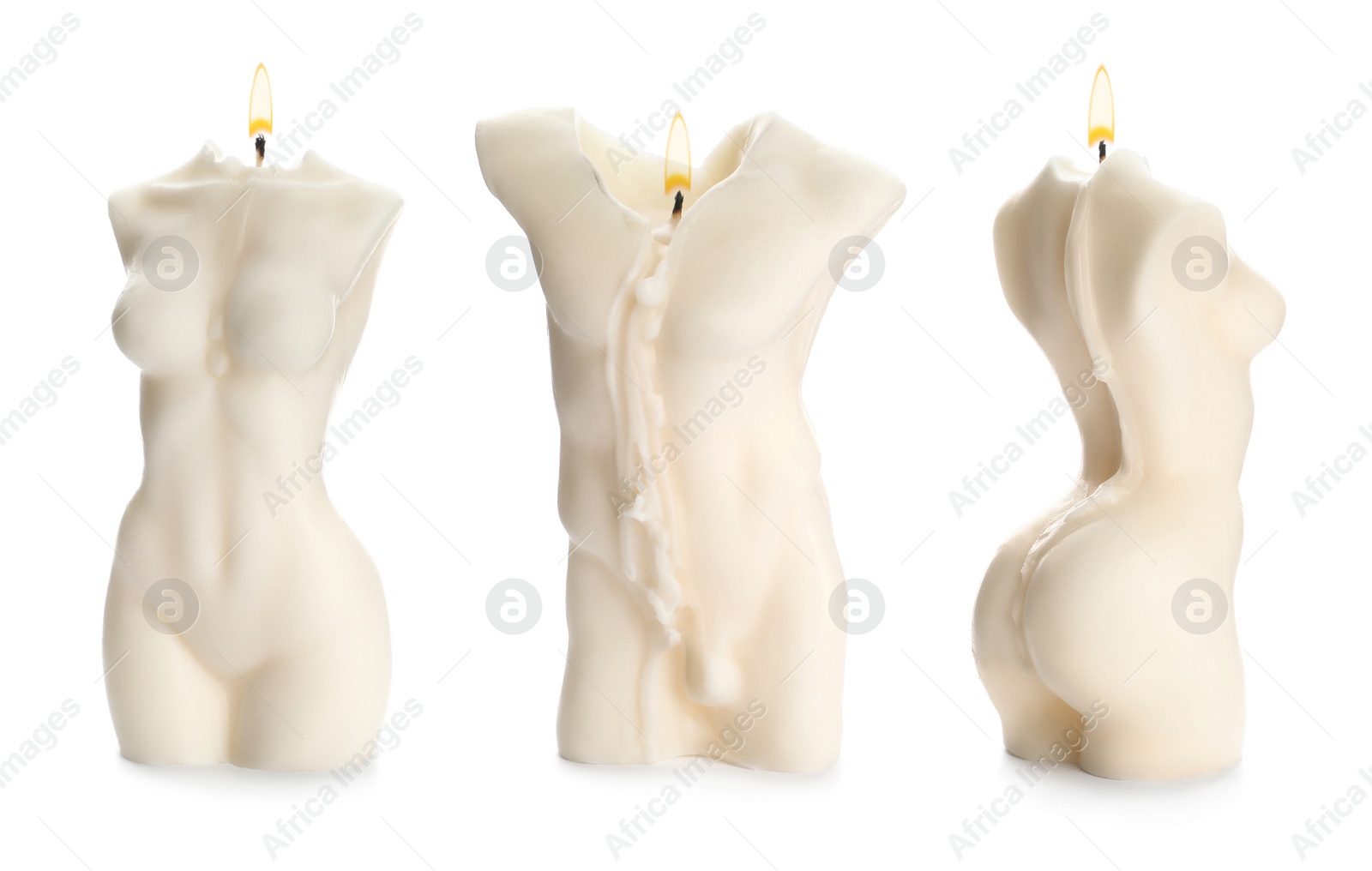 Image of Collection of beautiful sculptural candles on white background 