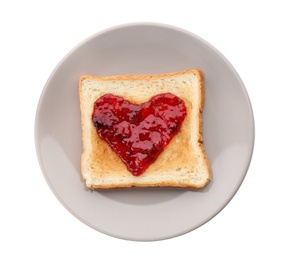 Photo of Toast with jam on plate, isolated on white