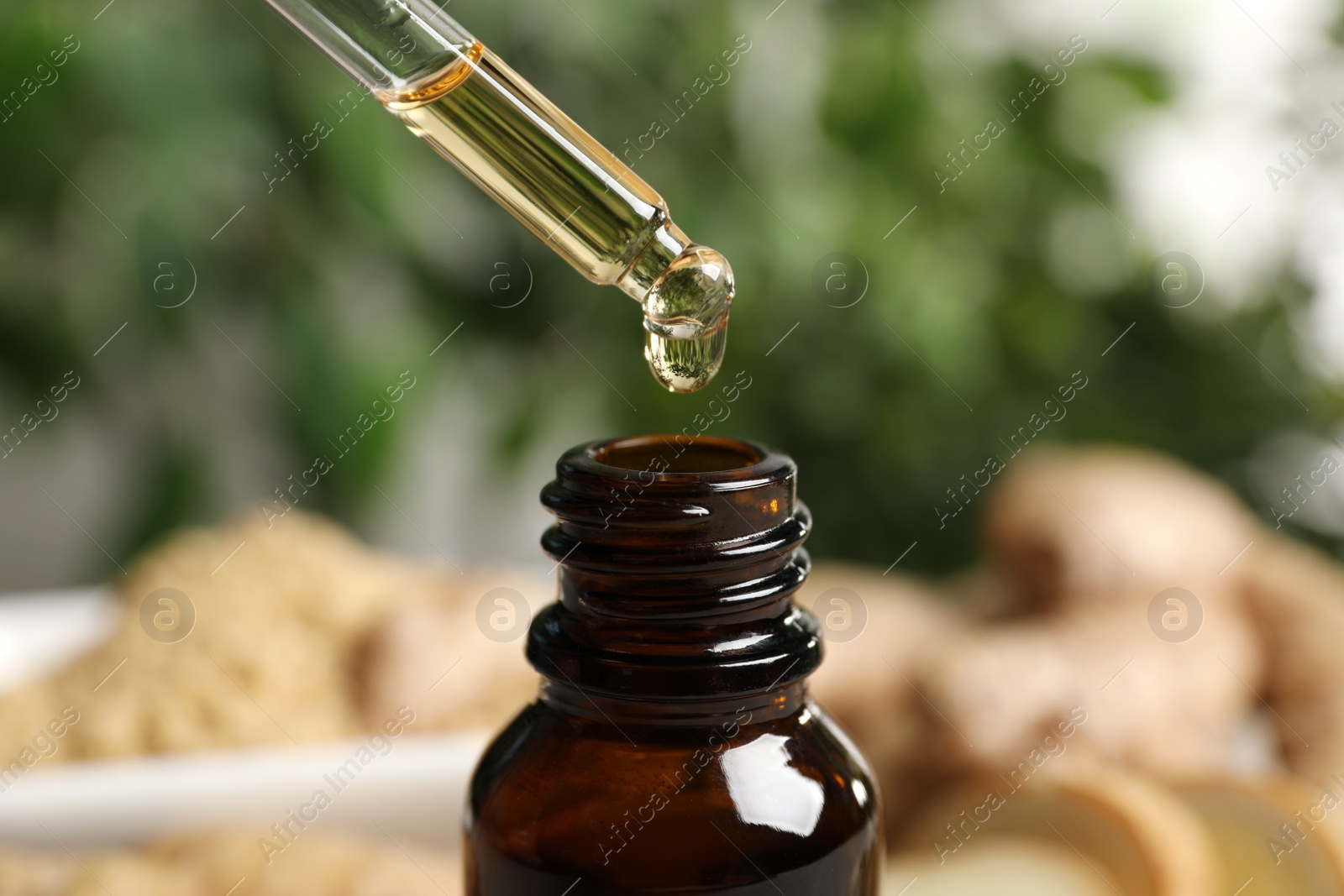 Photo of Dripping ginger essential oil from pipette into bottle on blurred background, closeup