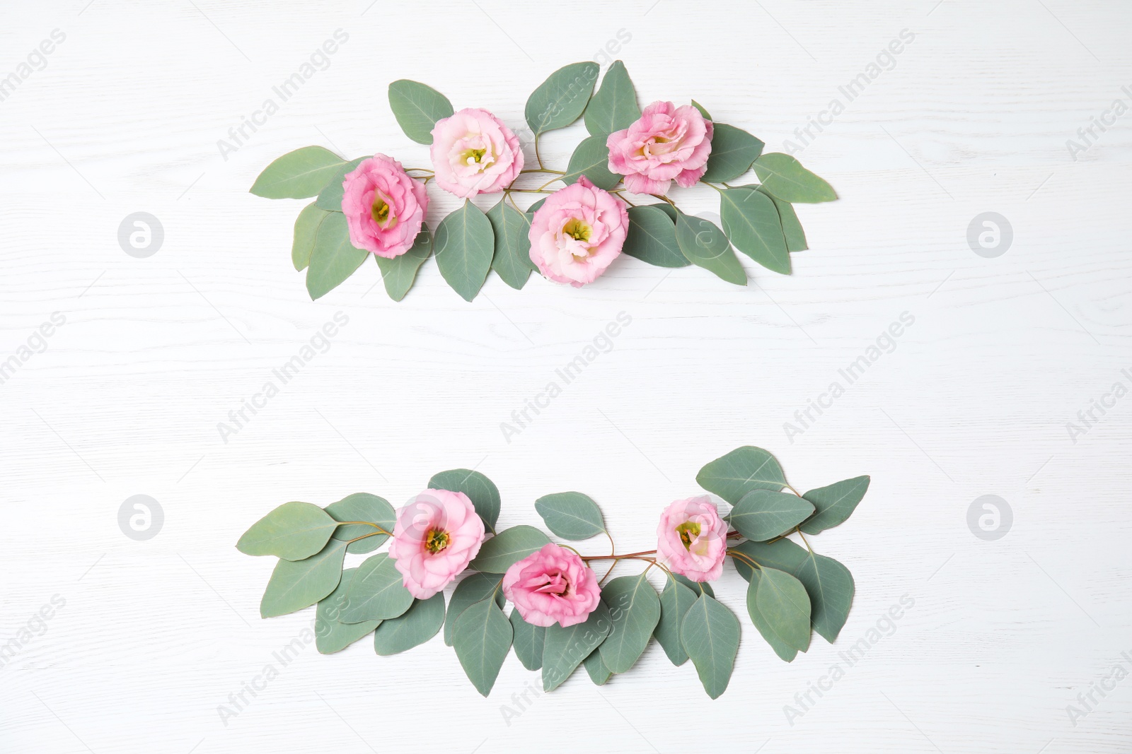 Photo of Fresh eucalyptus leaves with flowers and space for design on white wooden background, flat lay