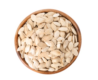 Photo of Bowl with raw pumpkin seeds on white background, top view